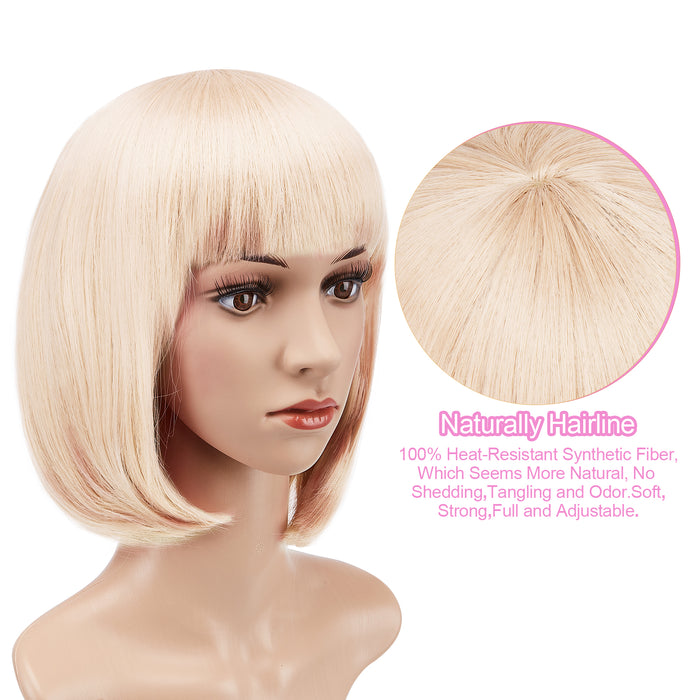 AGPtEK 13" Straight Short Bob Hair Wigs with Flat Bangs Heat Resistant for Women Cosplay Daily Party, Beige White