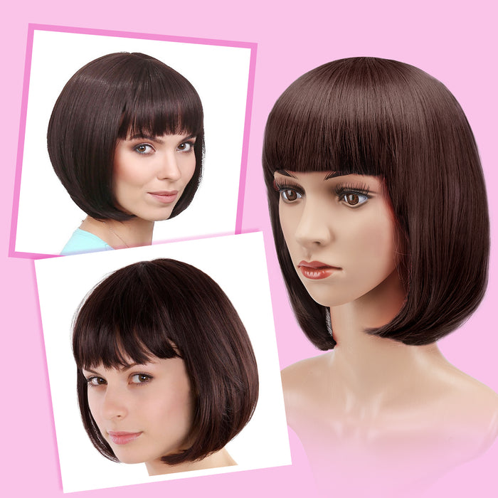 AGPTEK 13" Straight Short Bob Hair Wigs with Flat Bangs Heat Resistant for Women Cosplay Daily Party, Dark Brown