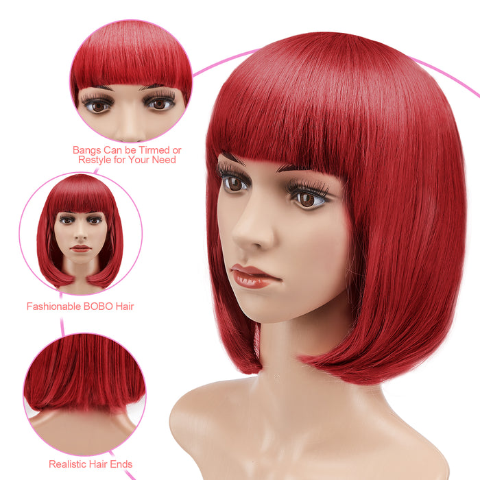 AGPtEK 13" Straight Short Bob Hair Wigs with Flat Bangs Heat Resistant for Women Cosplay Daily Party, Red
