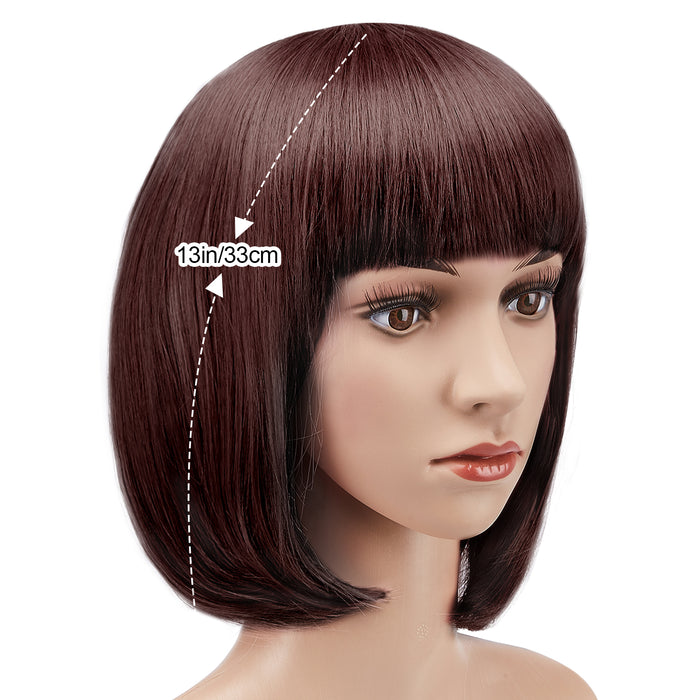 AGPTEK 13" Straight Short Bob Hair Wigs with Flat Bangs Heat Resistant for Women Cosplay Daily Party, Dark Brown