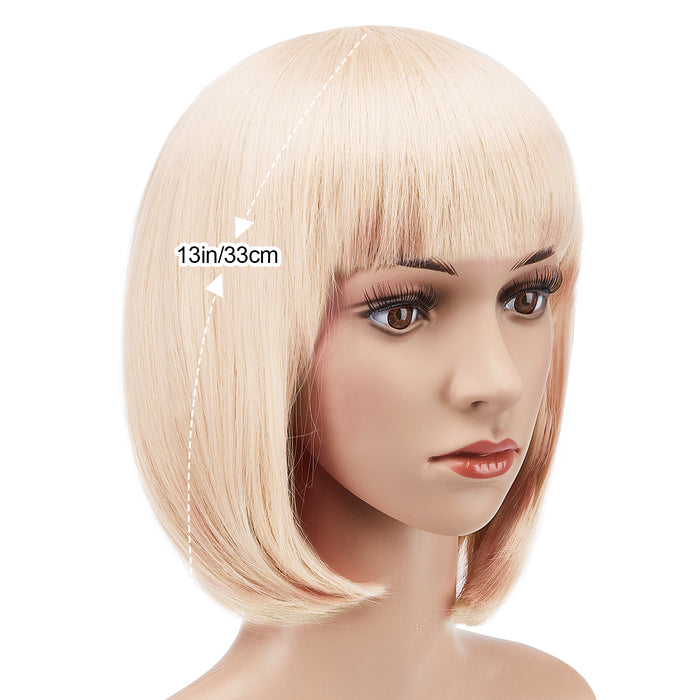 AGPtEK 13" Straight Short Bob Hair Wigs with Flat Bangs Heat Resistant for Women Cosplay Daily Party, Beige White
