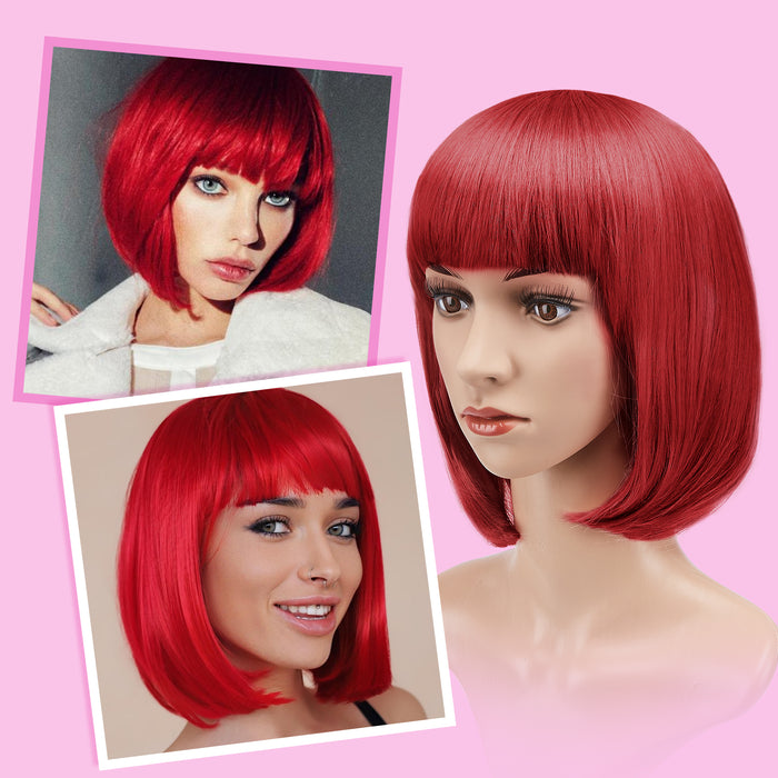 AGPtEK 13" Straight Short Bob Hair Wigs with Flat Bangs Heat Resistant for Women Cosplay Daily Party, Red