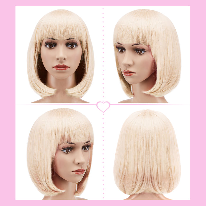 AGPtEK 13" Straight Short Bob Hair Wigs with Flat Bangs Heat Resistant for Women Cosplay Daily Party, Beige White