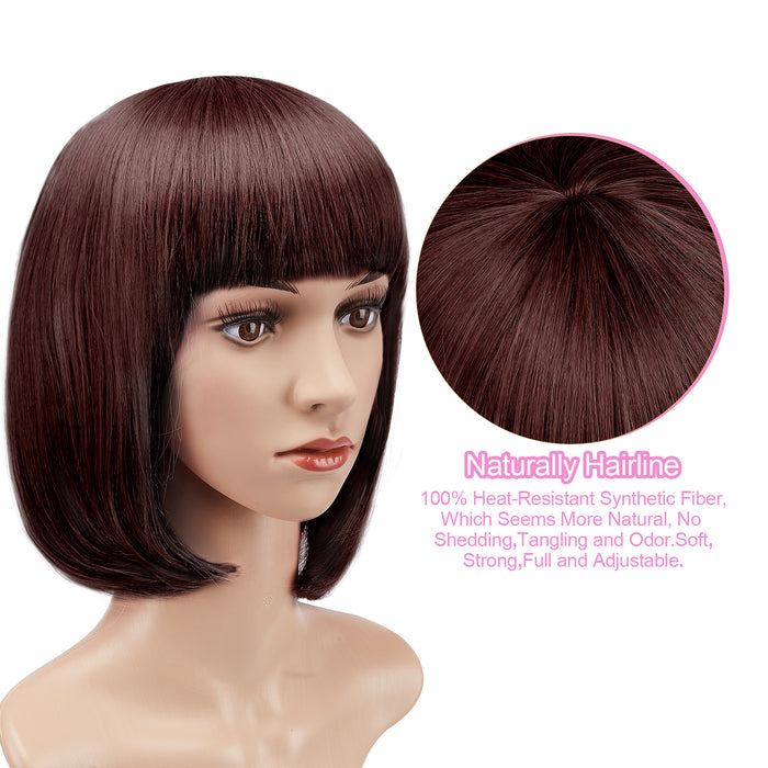 AGPTEK 13" Straight Short Bob Hair Wigs with Flat Bangs Heat Resistant for Women Cosplay Daily Party, Dark Brown