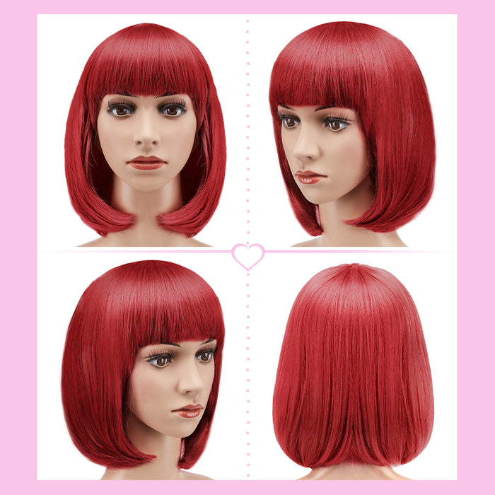 AGPtEK 13" Straight Short Bob Hair Wigs with Flat Bangs Heat Resistant for Women Cosplay Daily Party, Red