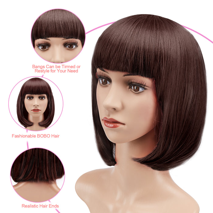AGPTEK 13" Straight Short Bob Hair Wigs with Flat Bangs Heat Resistant for Women Cosplay Daily Party, Dark Brown