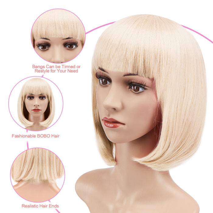 AGPtEK 13" Straight Short Bob Hair Wigs with Flat Bangs Heat Resistant for Women Cosplay Daily Party, Beige White