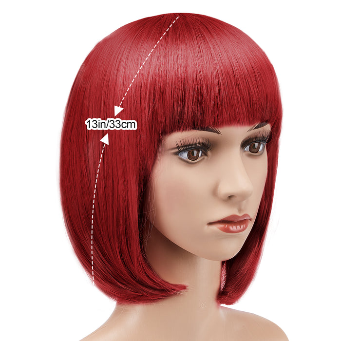 AGPtEK 13" Straight Short Bob Hair Wigs with Flat Bangs Heat Resistant for Women Cosplay Daily Party, Red