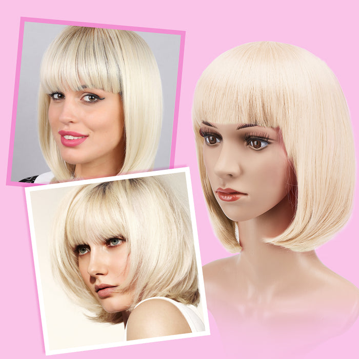 AGPtEK 13" Straight Short Bob Hair Wigs with Flat Bangs Heat Resistant for Women Cosplay Daily Party, Beige White