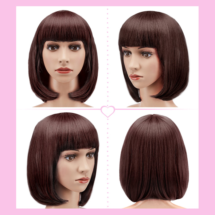 AGPTEK 13" Straight Short Bob Hair Wigs with Flat Bangs Heat Resistant for Women Cosplay Daily Party, Dark Brown