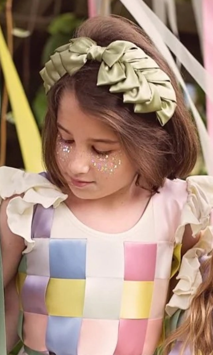 Amal Pleated Ribbon Antique Green Bow Headwrap