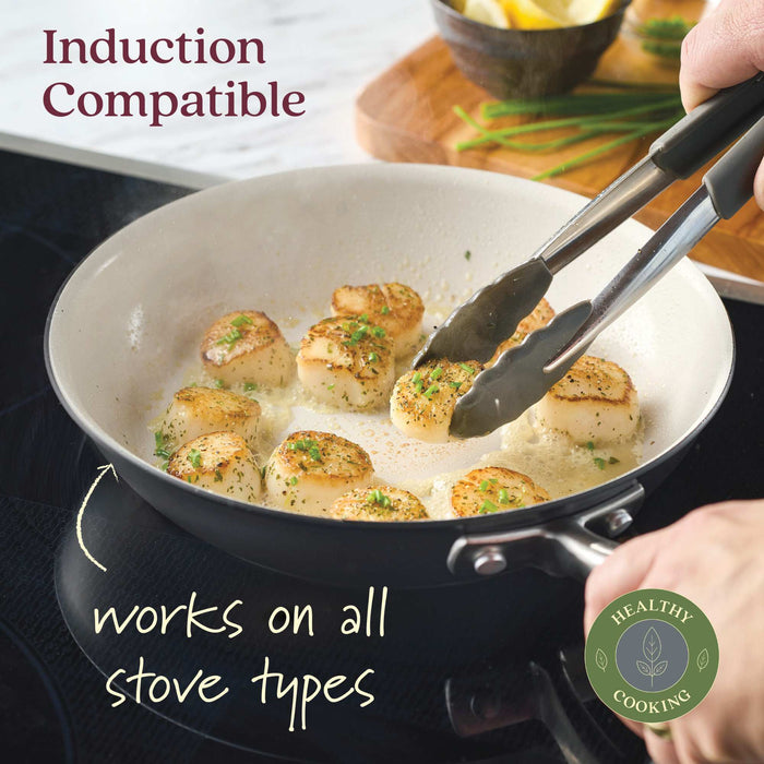 Styled lifestyle shot: for searing, frying and everyday cooking – ceramic nonstick coating – Anolon Advanced Ceramic Nonstick Induction Frypan 30.4cm
