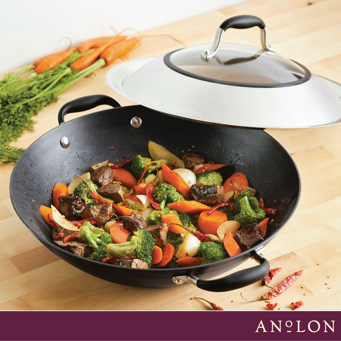 Additional angle: for stir-frying and wok-style cooking – hard-anodised aluminium – Anolon Advanced Home Covered Wok with Side Handles 36cm Onyx
