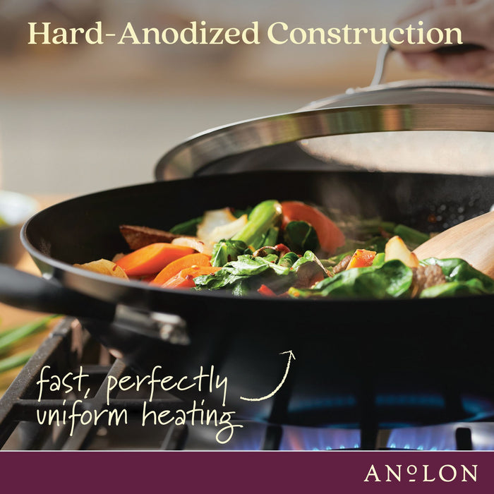 Styled lifestyle shot: for stir-frying and wok-style cooking – hard-anodised aluminium – Anolon Advanced Home Covered Wok with Side Handles 36cm Onyx