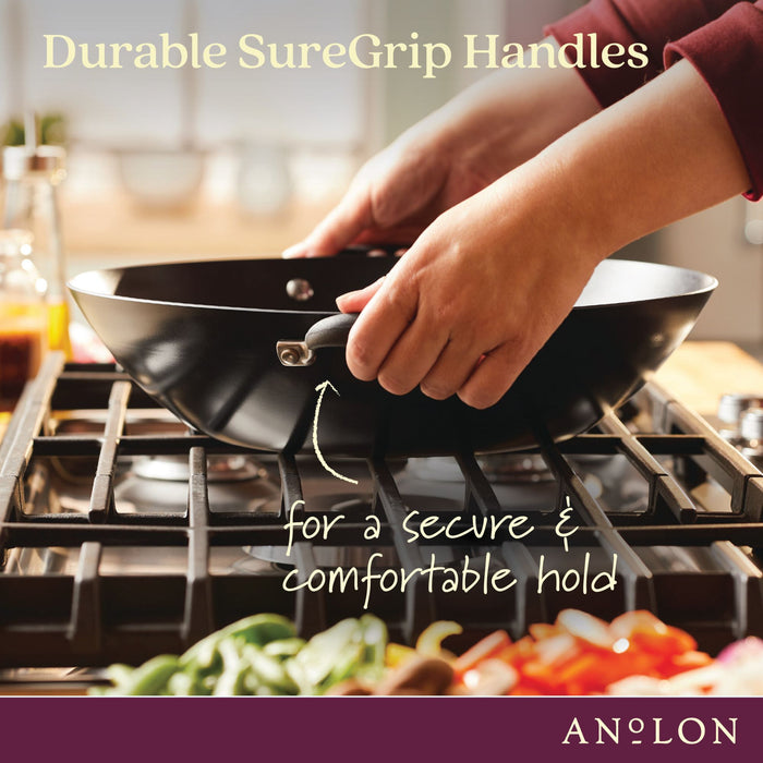 Full display view: for stir-frying and wok-style cooking – hard-anodised aluminium – Anolon Advanced Home Covered Wok with Side Handles 36cm Onyx