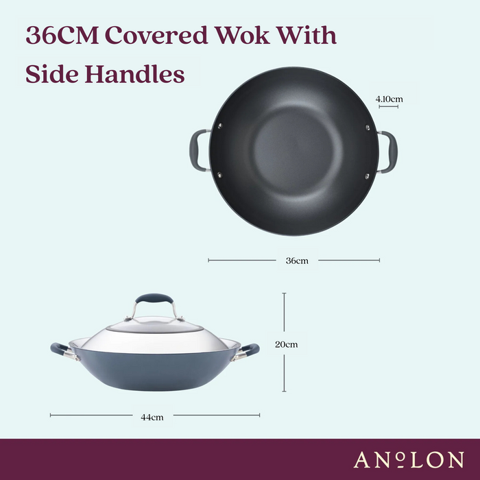 Size and scale view: for stir-frying and wok-style cooking – hard-anodised aluminium – Anolon Advanced Home Covered Wok with Side Handles 36cm Onyx