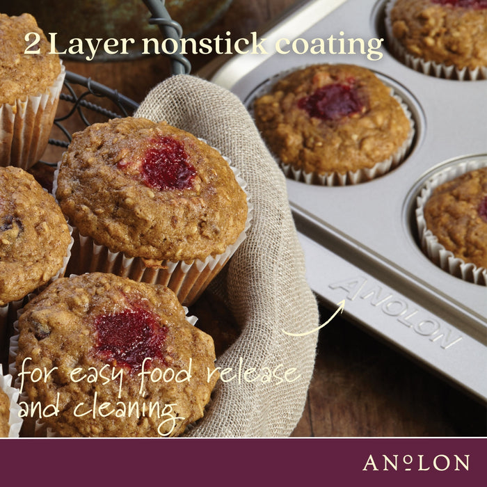 Styled lifestyle shot: for baking muffins and cupcakes – carbon steel – Anolon Ceramic Reinforced Muffin Pan 12 Cup