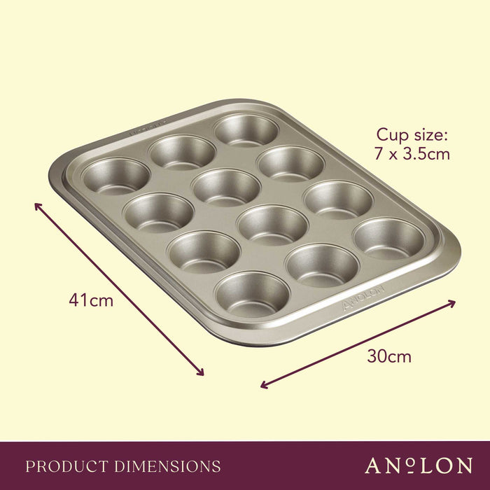 Size and scale view: for baking muffins and cupcakes – carbon steel – Anolon Ceramic Reinforced Muffin Pan 12 Cup
