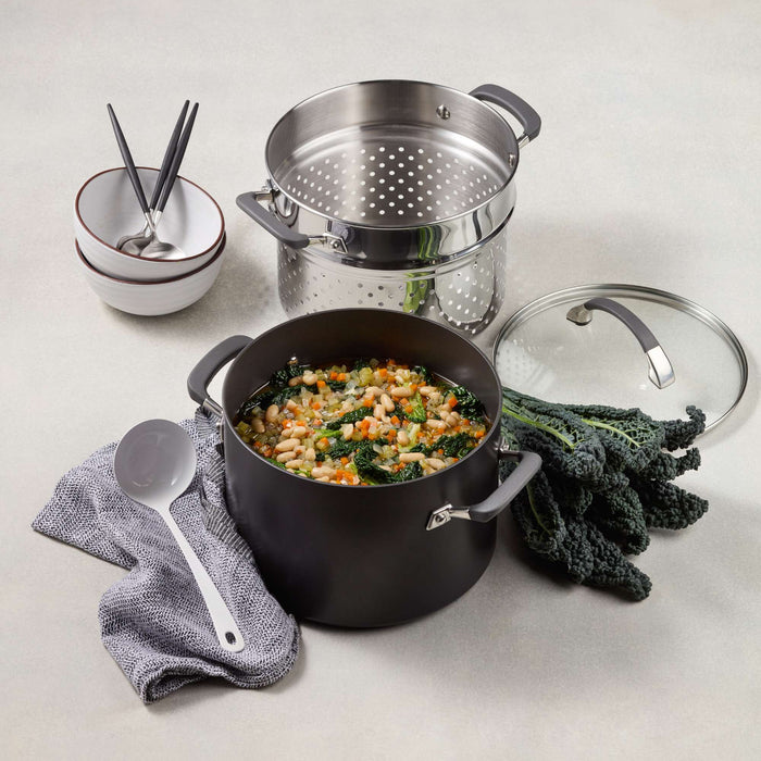 Product detail view: for soups, stocks and pasta – hard-anodised aluminium – Anolon Endurance+ Nonstick Induction Stockpot Bonus Pasta Insert 24cm/7.6L