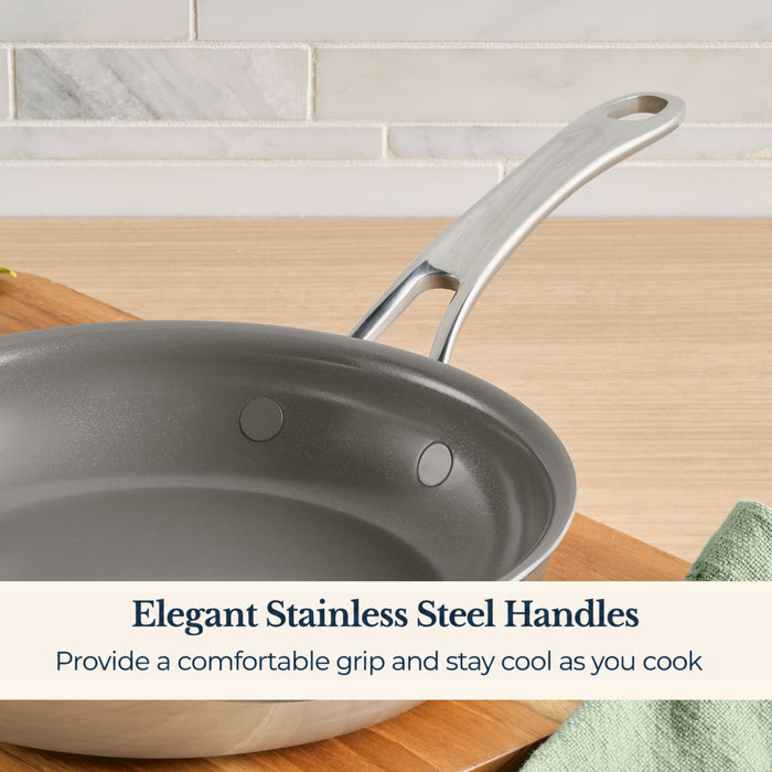 Size and scale view: for searing, frying and everyday cooking – stainless steel – Anolon EverLast Ceramic Stainless Steel Induction Open Frypan 25.4cm