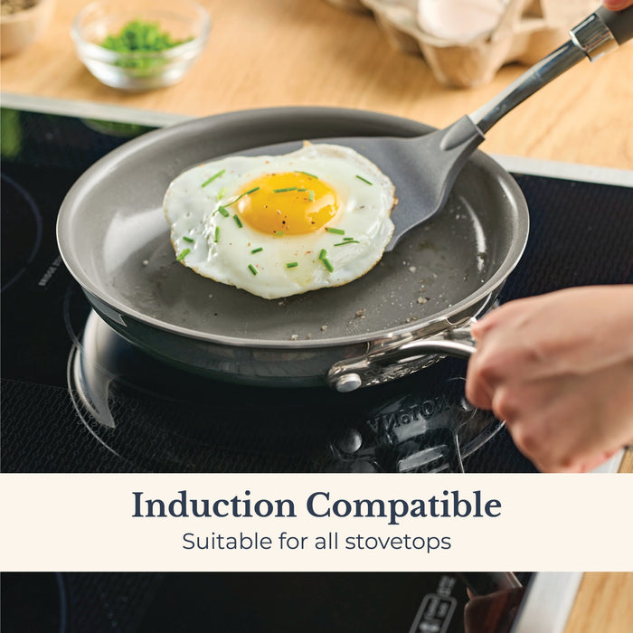 Styled lifestyle shot: for searing, frying and everyday cooking – stainless steel – Anolon EverLast Ceramic Stainless Steel Induction Open Frypan 31cm
