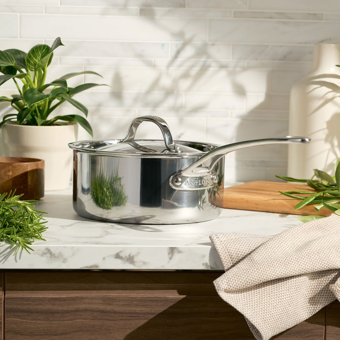 Product detail view: for soups and sauces – tri-ply clad stainless steel – Anolon EverLast Tri-Ply Clad Stainless Steel Induction Covered Saucepan 20cm/2.8L