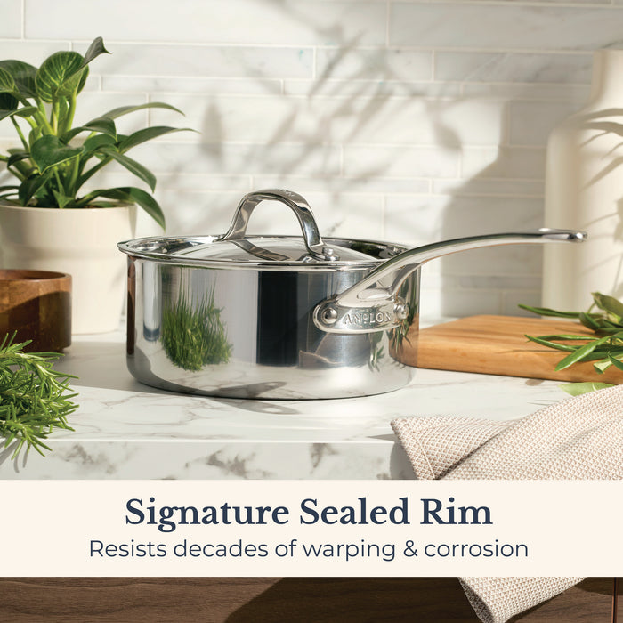 Styled lifestyle shot: for soups and sauces – tri-ply clad stainless steel – Anolon EverLast Tri-Ply Clad Stainless Steel Induction Covered Saucepan 20cm/2.8L