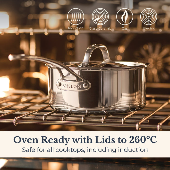 Product detail view: for soups and sauces – tri-ply clad stainless steel – Anolon EverLast Tri-Ply Clad Stainless Steel Induction Covered Saucepan 20cm/2.8L