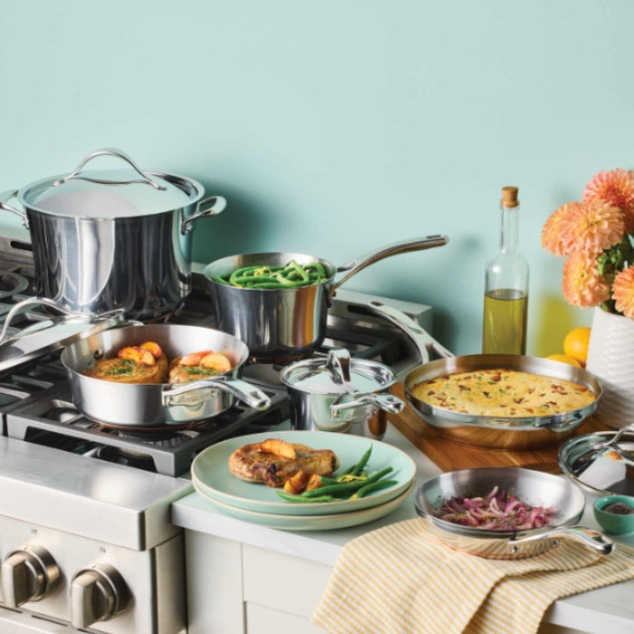 Product detail view: cookware set for everyday cooking – stainless steel with copper induction base – Anolon Nouvelle Copper Stainless Steel Induction 10...