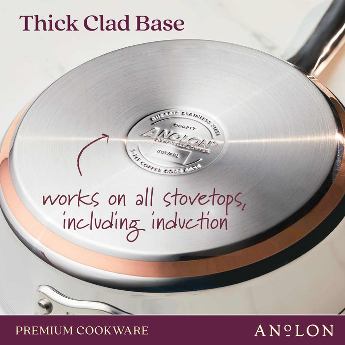Styled lifestyle shot: cookware set for everyday cooking – stainless steel with copper induction base – Anolon Nouvelle Copper Stainless Steel Induction 10...