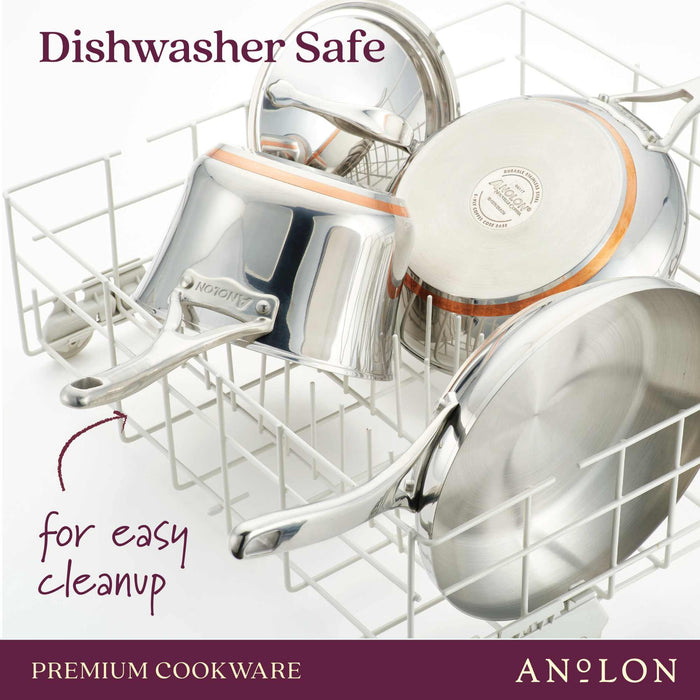 Close-up finish detail: cookware set for everyday cooking – stainless steel with copper induction base – Anolon Nouvelle Copper Stainless Steel Induction 10...
