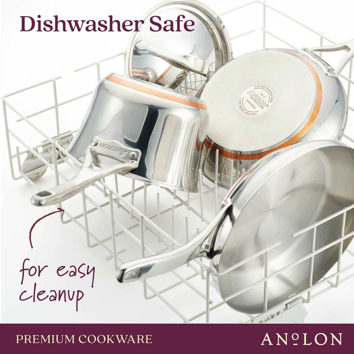 Close-up finish detail: for searing, frying and everyday cooking – stainless steel with copper induction base – Anolon Nouvelle Copper Stainless Steel...