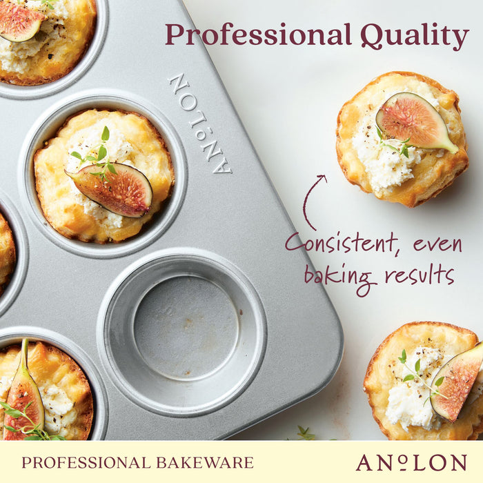 Styled lifestyle shot: for baking muffins and cupcakes – alumised steel – Anolon Pro-Bake Muffin Pan 12 Cup
