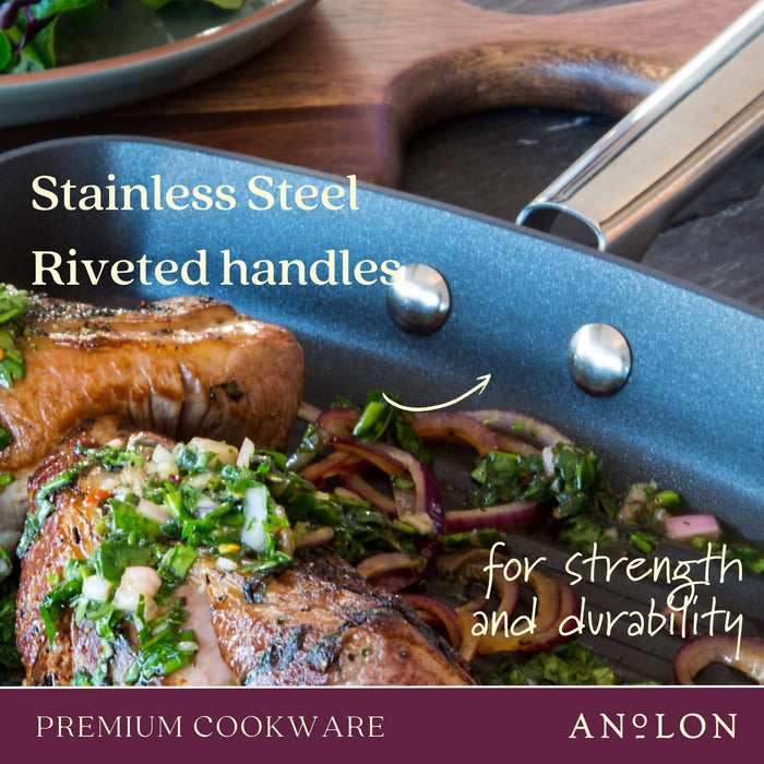 Styled lifestyle shot: for indoor grilling and searing – hard-anodised aluminium – Anolon Professional Nonstick Twin Pack 24cm Skillet/24cm Grill Pan