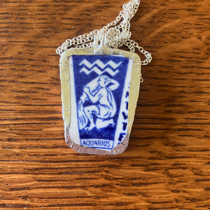 Artisan Made Aquarius Pendant Repurposed Zodiac Calendar Plate Shard Unique Necklace 1in x 1.5in