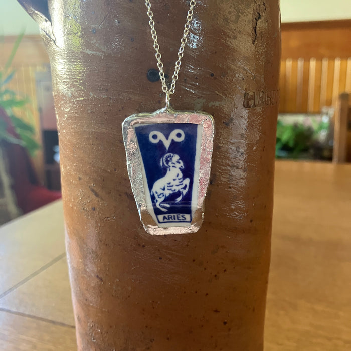 Artisan Made Aries Pendant Repurposed Zodiac Calendar Plate Shard Unique Necklace 1in x 1.5in