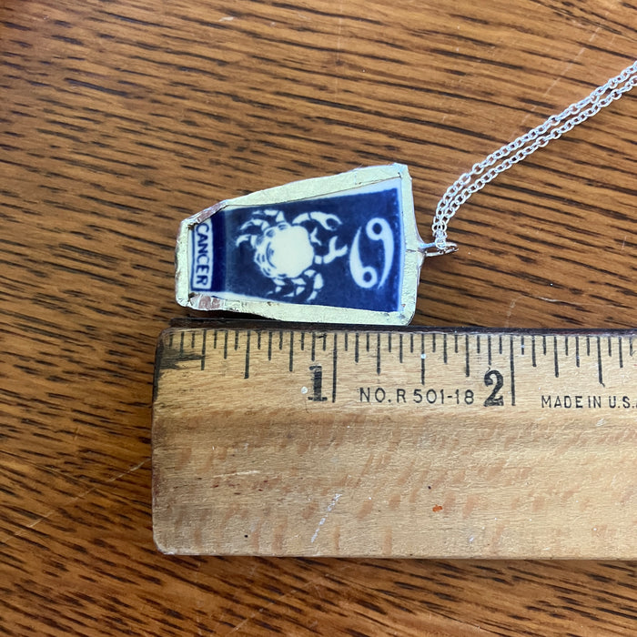 Artisan Made Cancer Pendant Repurposed Zodiac Calendar Plate Shard Unique Necklace 1in x 1.5in