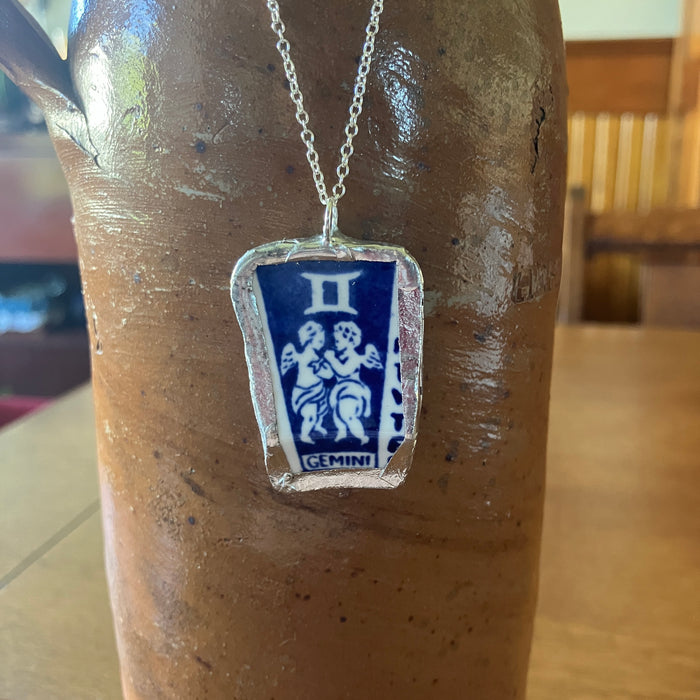 Artisan Made Gemini Pendant Repurposed Zodiac Calendar Plate Shard Unique Necklace 1in x 1.5in