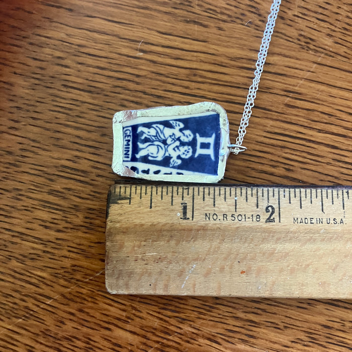Artisan Made Gemini Pendant Repurposed Zodiac Calendar Plate Shard Unique Necklace 1in x 1.5in