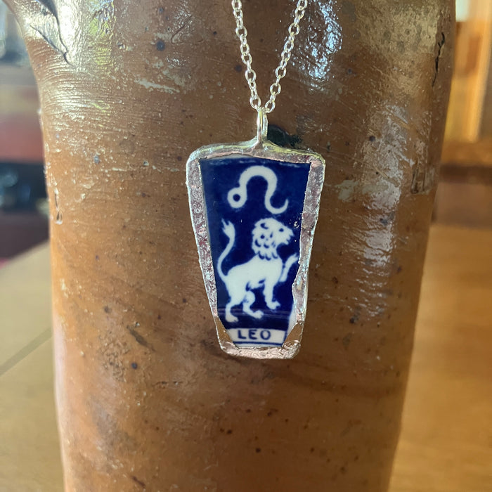 Artisan Made Leo Pendant Repurposed Zodiac Calendar Plate Shard Unique Necklace 7/8in x 1.5in