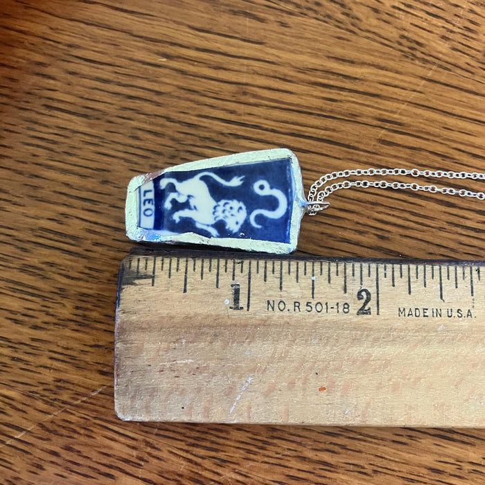Artisan Made Leo Pendant Repurposed Zodiac Calendar Plate Shard Unique Necklace 7/8in x 1.5in
