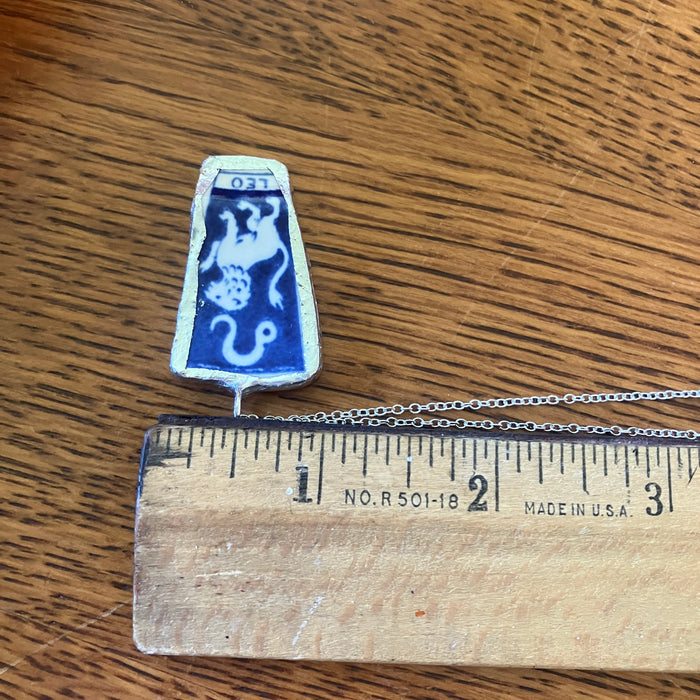 Artisan Made Leo Pendant Repurposed Zodiac Calendar Plate Shard Unique Necklace 7/8in x 1.5in