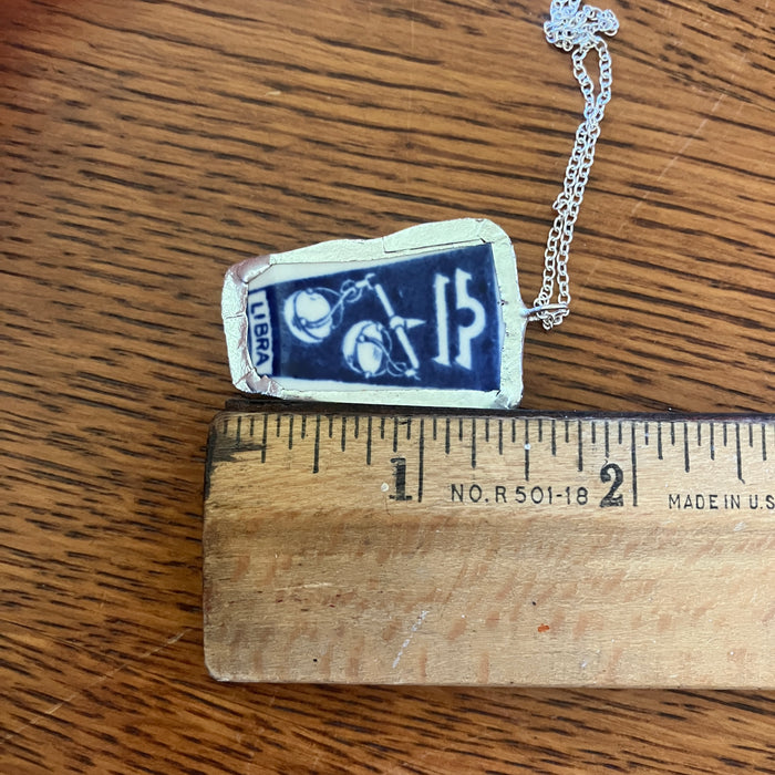 Artisan Made Libra Pendant Repurposed Zodiac Calendar Plate Shard Unique Necklace 1in x 1.5in