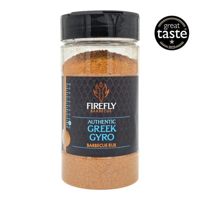 Glass jar of Greek Gyro BBQ Rub with black lid