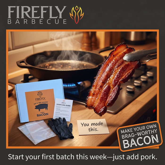Firefly Barbecue bacon curing kit with gloves and instructions