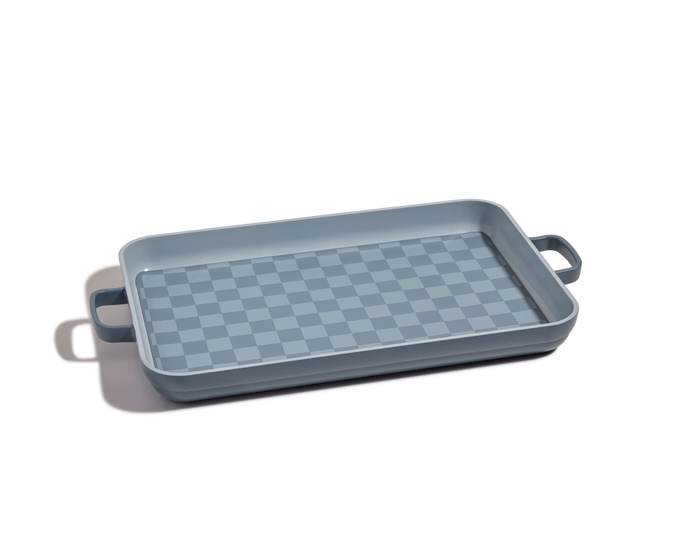 A rectangular gray Bakeware Set dish with side handles and a checkered interior, part of an elegant ovenware collection, displayed on a white background.