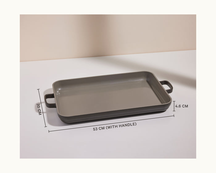 Rectangular gray Bakeware Set with handles, 53 cm long (with handle), 30 cm wide, and 4.6 cm high, displayed on a light surface—ideal for any ovenware collection.