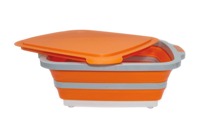 Orange collapsible BBQ prep tub with built-in cutting board for outdoor grilling