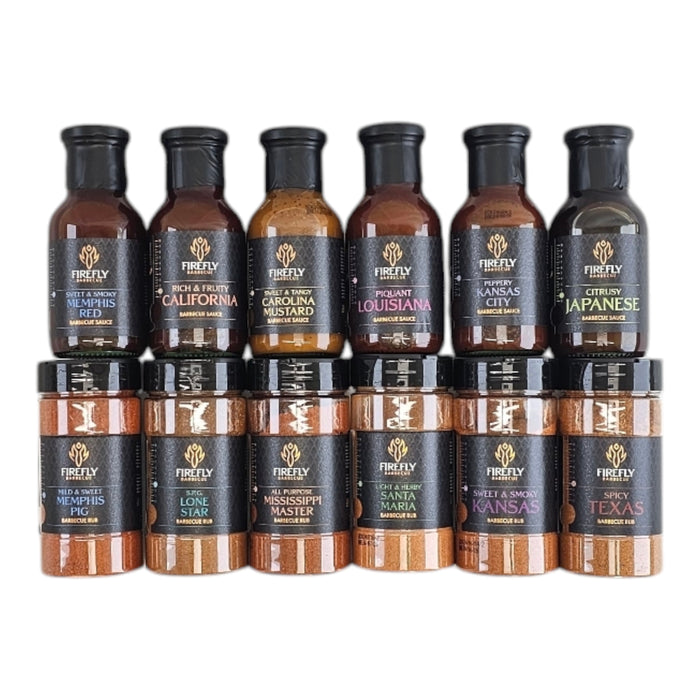 Ultimate BBQ Pack - BBQ Rubs and Sauces | Variety Tastes gift set featuring 6 gourmet sauces and 6 spice rubs for grilling and smoking meats.