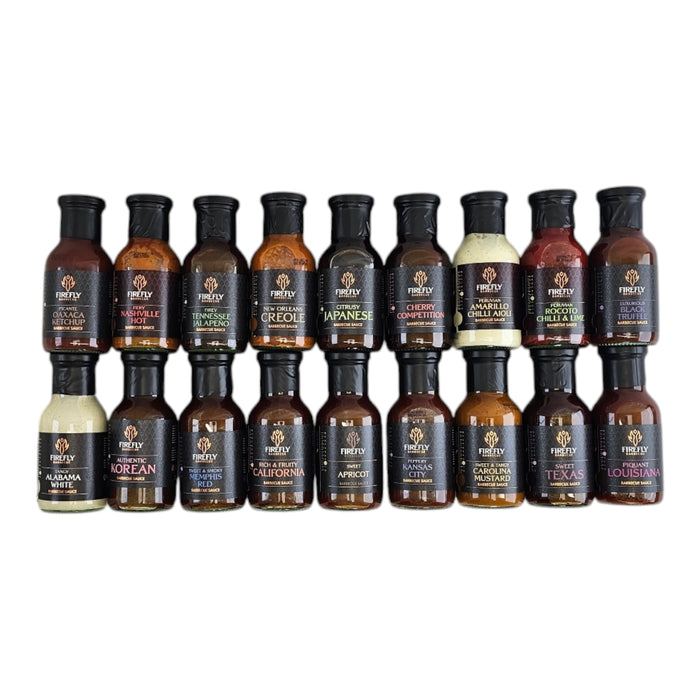 BBQ Kitchen Sink gift box featuring 18 premium BBQ sauces with global flavors like Japanese Miso, Alabama White, and Texas Bold.